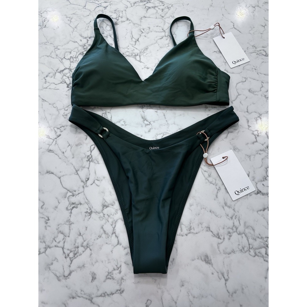 NWT Quince Palm Green Italian V Neck Bikini Top & High Leg Ring Bottoms Medium